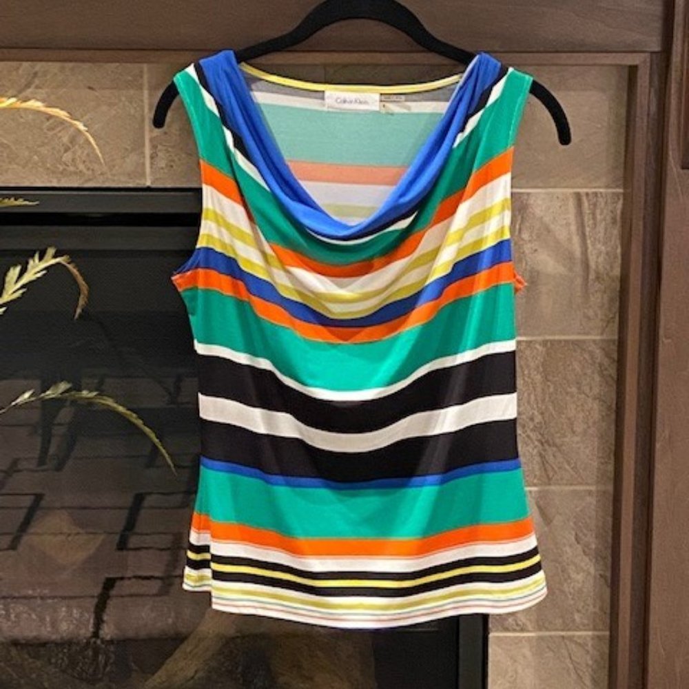 CALVIN KLEIN Striped Drape Neck Tank Top - Picture 2 of 9